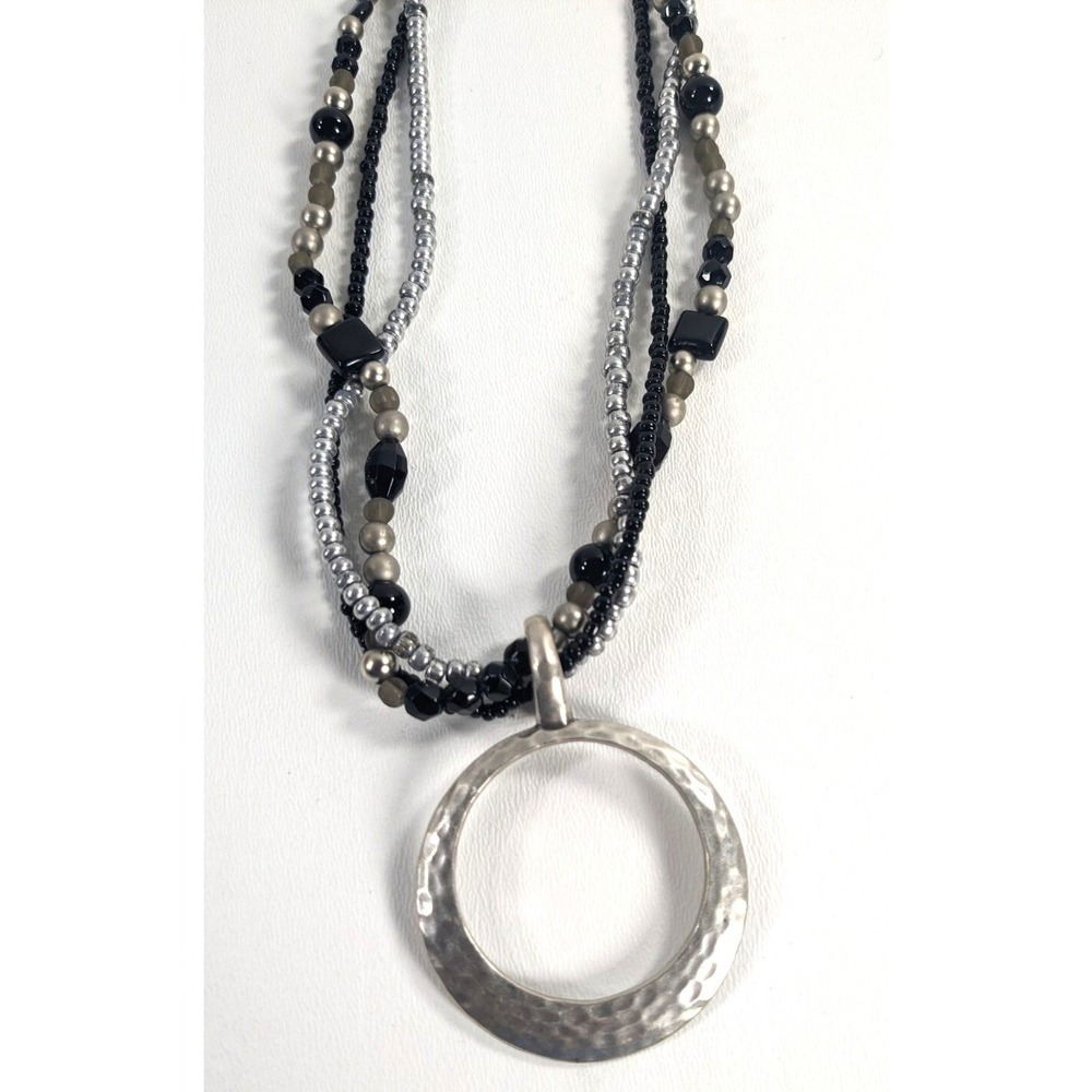 Premier Designs Multi Strand Beaded Hammered Silver Tone Ring Pendant Necklace